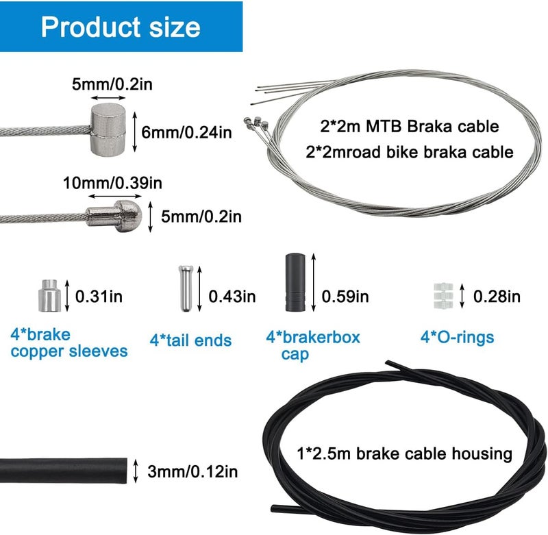 CKANDAY 4 Pcs Bike Brake Cable Kit, Road Bike & Universal Standard Bicycle Brake Cable, Professional Bicycle Brake line for Mountain MTB, with 2.5M Brake Cable Housing & Crimps Accessories 2M - Image 2